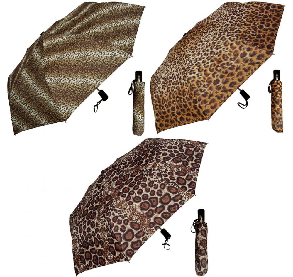 6 Wholesale 44" AutO-Open/close Deluxe Super Mini Umbrellas - Assorted Cheetah/leopard/jaguar Prints