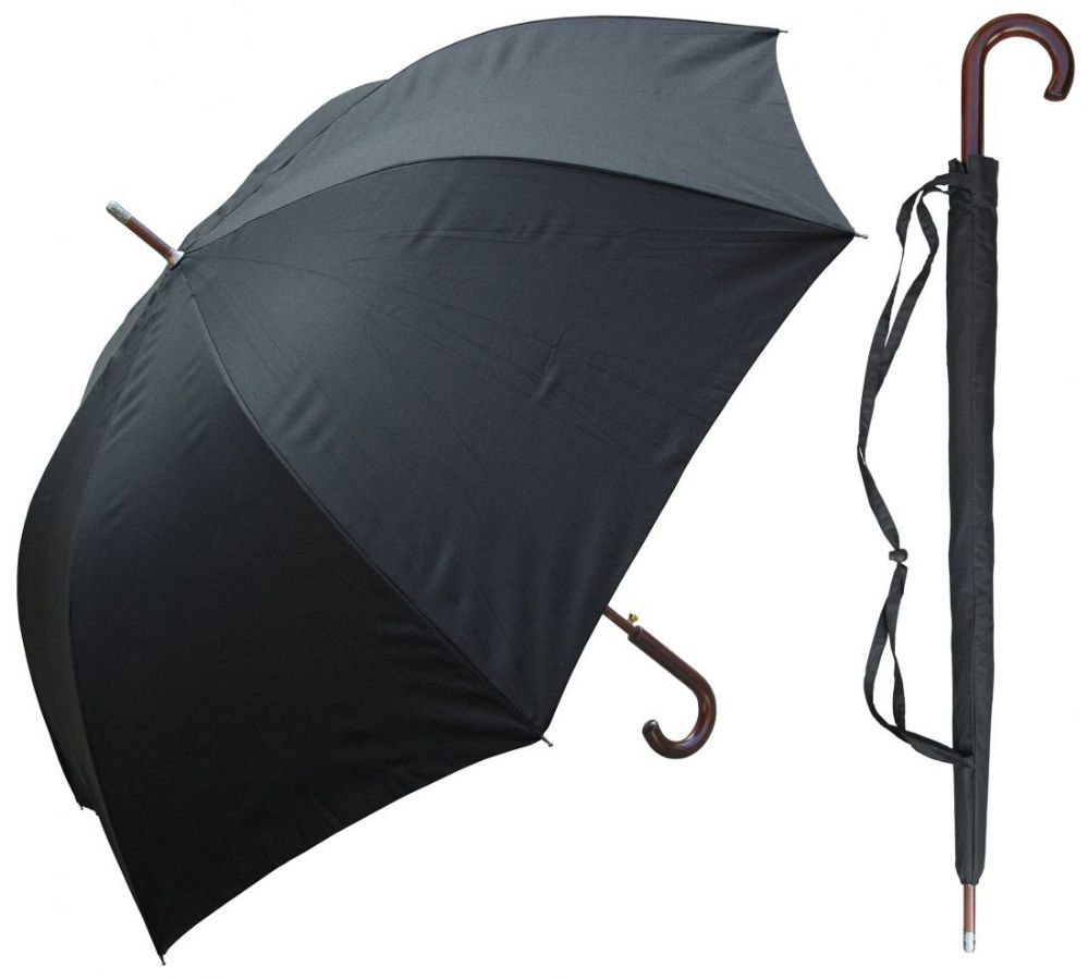 6 Wholesale 60" AutO-Open Black Doorman Umbrellas With/ Wood Hook Handle & Shaft