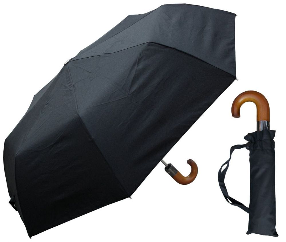 6 Wholesale 44" AutO-Open Black Super Mini Umbrellas With/ Thick Wood Handle