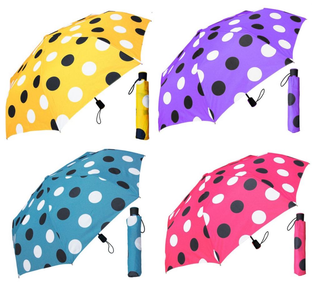 12 Wholesale 44" AutO-Open Super Mini Umbrellas - Assorted Polka Dot Prints