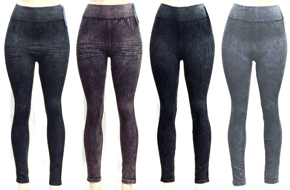 72 Wholesale Women's Washed Denim Seamless Leggings - Assorted Colors - One Size Fits Most
