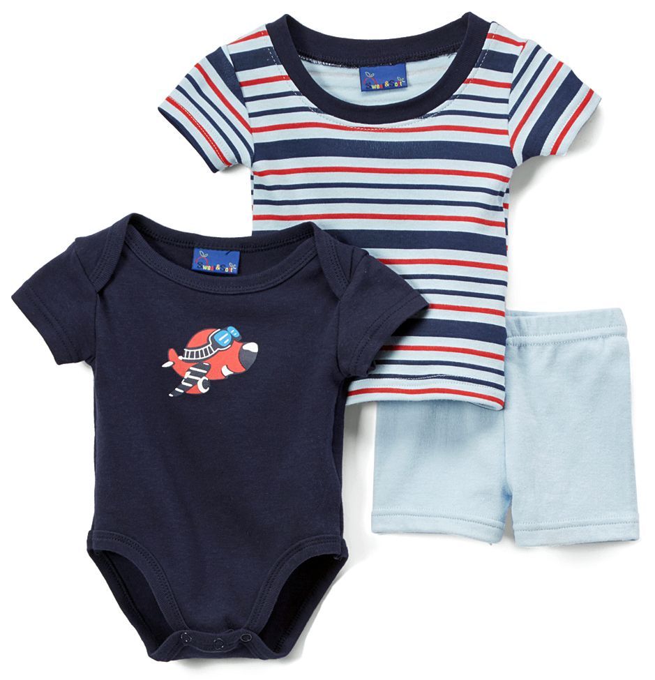 24 Bulk Newborn Boy's Shorts, T-Shirt & Onesie Set - Plane Prints - Sizes 3-12m