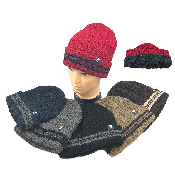 36 Pieces of Plush Lined Knit Toboggan Wide Striped Fold