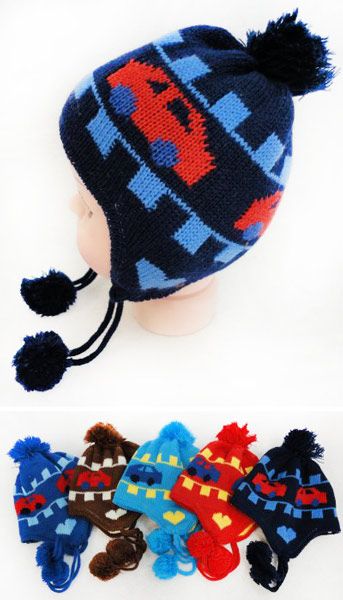 48 Pieces of Toddler Fleece Lined Knitted Car Pattern Cap Ear Flap
