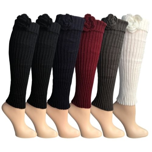 6 Wholesale 6 Pairs Of Womens Leg Warmers, Warm Winter Soft Acrylic Assorted Colors By Wsd (flower) (one Size)