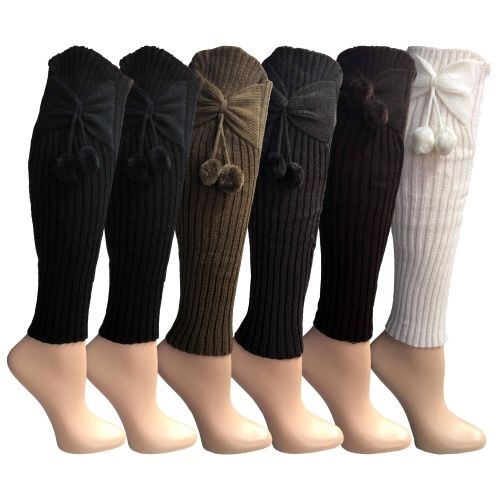 6 Bulk 6 Pairs Of Womens Leg Warmers, Warm Winter Soft Acrylic Assorted Colors By Wsd (bow & Pom) (one Size)