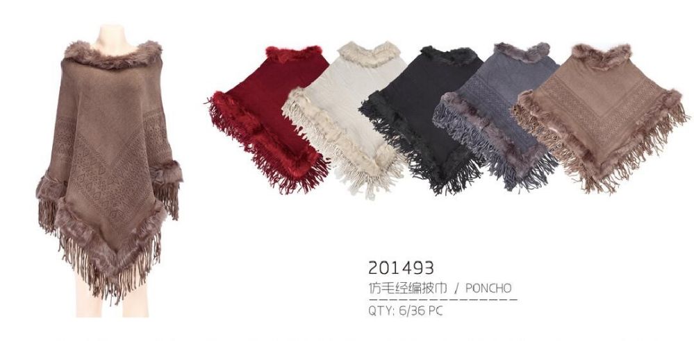36 Wholesale Ladies' Assorted Color Poncho With Fur Lined Inside