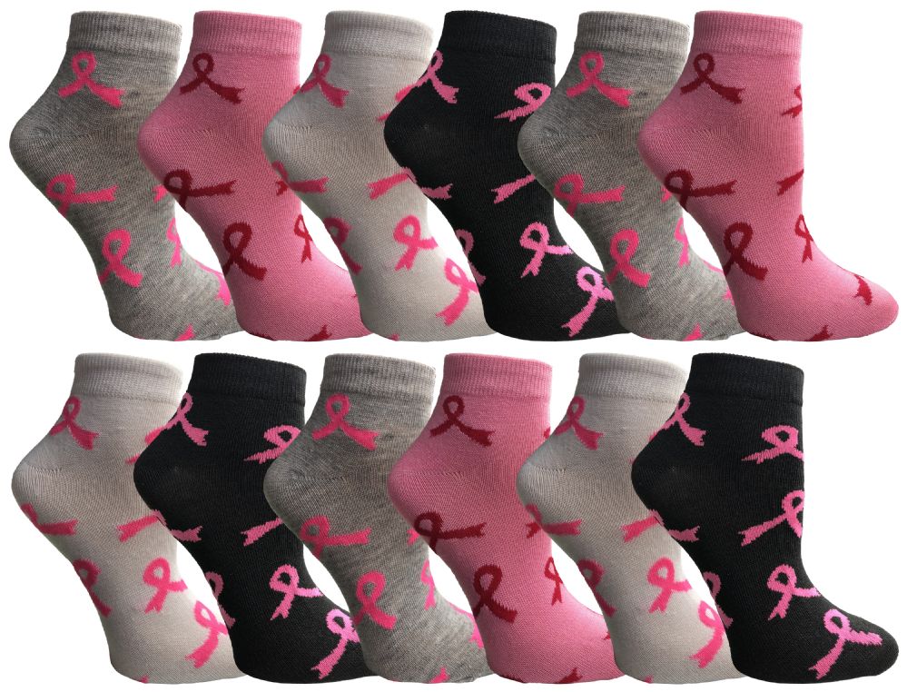 12 Pairs of Yacht & Smith Women's Assorted Colored Breast Cancer Awareness Ankle Socks