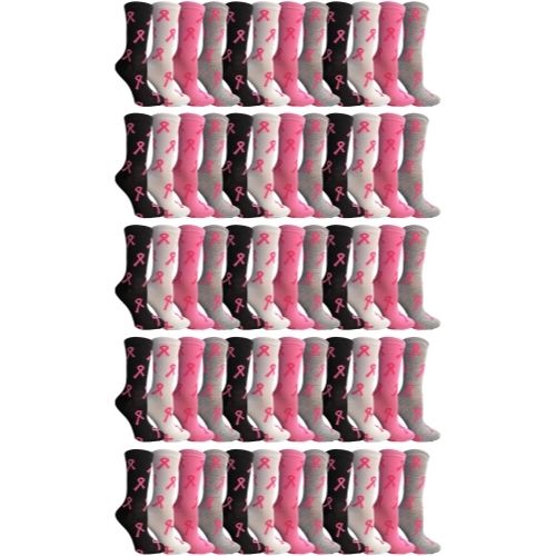 60 Pairs of Yacht & Smith Women's Assorted Colored Breast Cancer Awareness Crew Socks Size 9-11