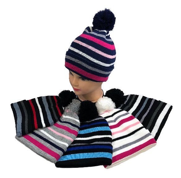 36 Pieces of Child's Knit Cuffed Hat With Pom Pom And Stripes