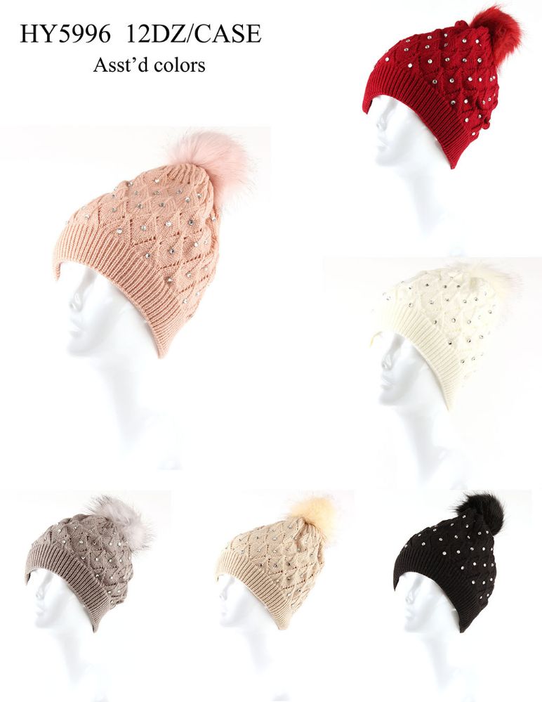 24 Wholesale Woman's Heavy Knit Winter Pom Pom Hat With Studs Design