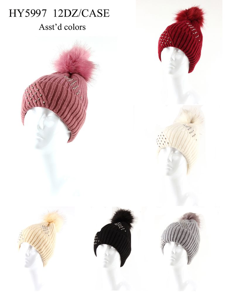 72 Wholesale Womans Heavy Knit Winter Pom Pom Hat With Studs Design