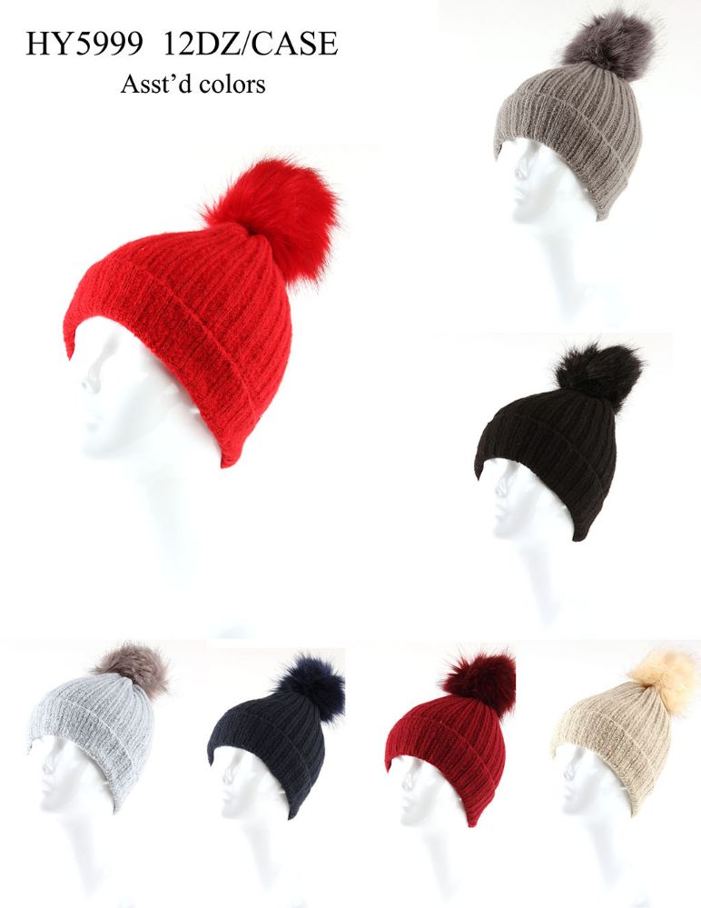 24 Wholesale Woman's Heavy Knit Winter Pom Pom Hat Assorted Colors