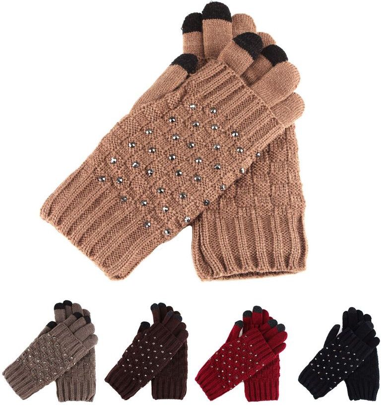 36 Wholesale Womans Heavy Knit Winter Gloves With Studs Design