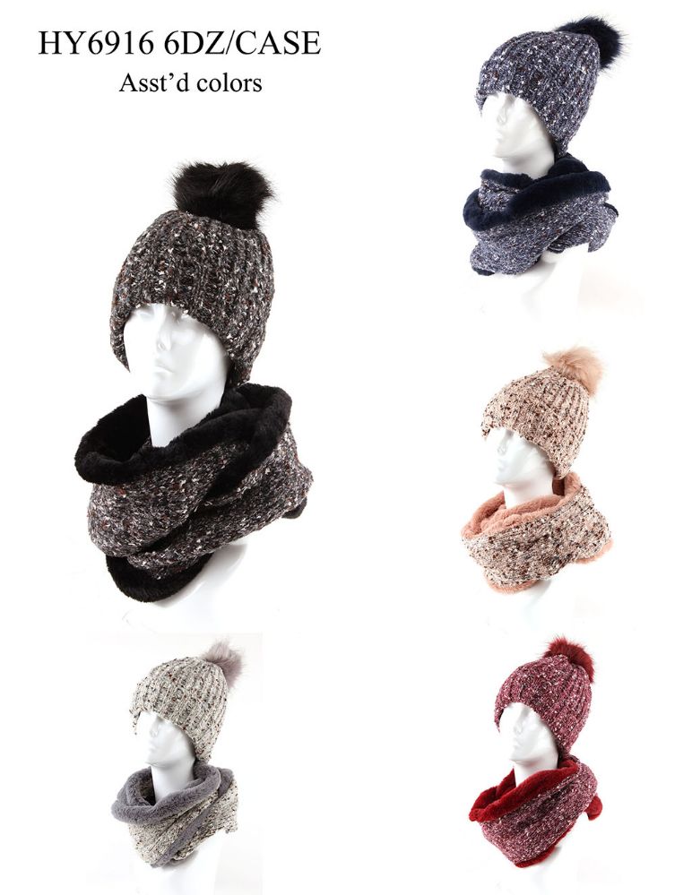 24 Pairs Womans Heavy Knit Winter Pom Pom Hat And Plush Knit Scarf With Plush Lined - Winter Sets Scarves , Hats & Gloves