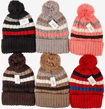 24 Pieces Woman's Striped Knit Ski Hat With Pompom - Winter Hats