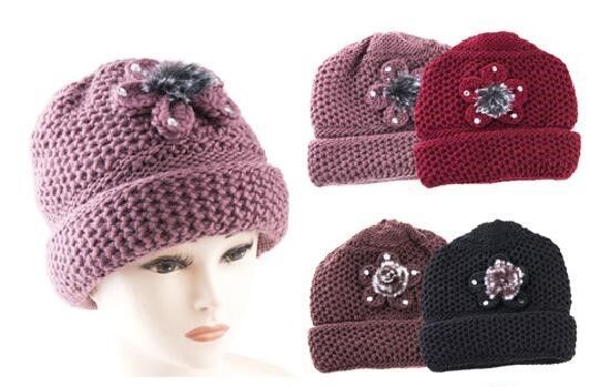 60 Pieces Woman's Heavy Knit Winter Hat Flower Design - Winter Beanie Hats