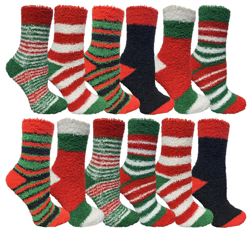 12 Pairs of Yacht & Smith Women's Printed Assorted Colors Warm & Cozy Fuzzy Christmas Holiday Socks