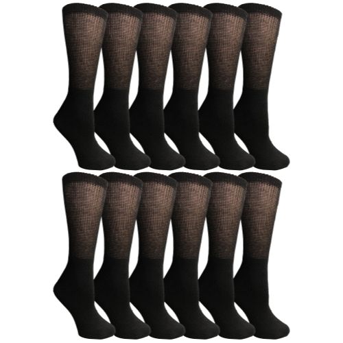 12 Pairs of Yacht & Smith Women's Loose Fit NoN-Binding Soft Cotton Diabetic Black Crew Socks Size 9-11