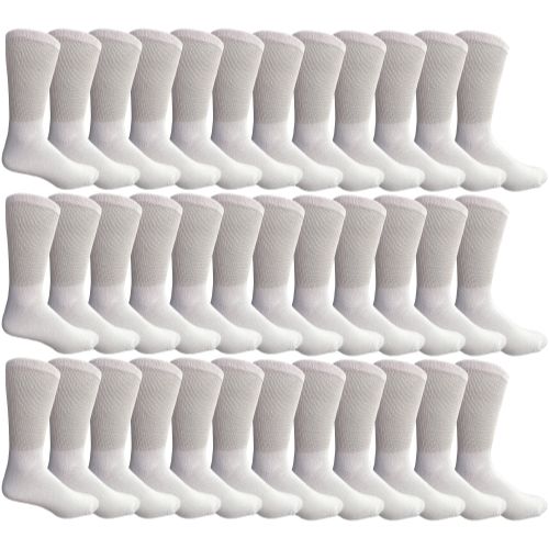 36 Pairs of Yacht & Smith Men's Cotton Diabetic Crew Socks Loose Fit NoN-Binding White King Size 13-16