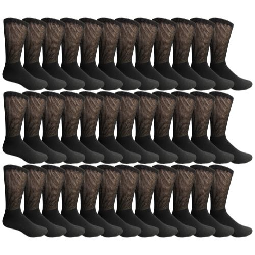 36 Pairs of Yacht & Smith Men's Loose Fit NoN-Binding Soft Cotton Diabetic Black Crew Socks Size 13-16