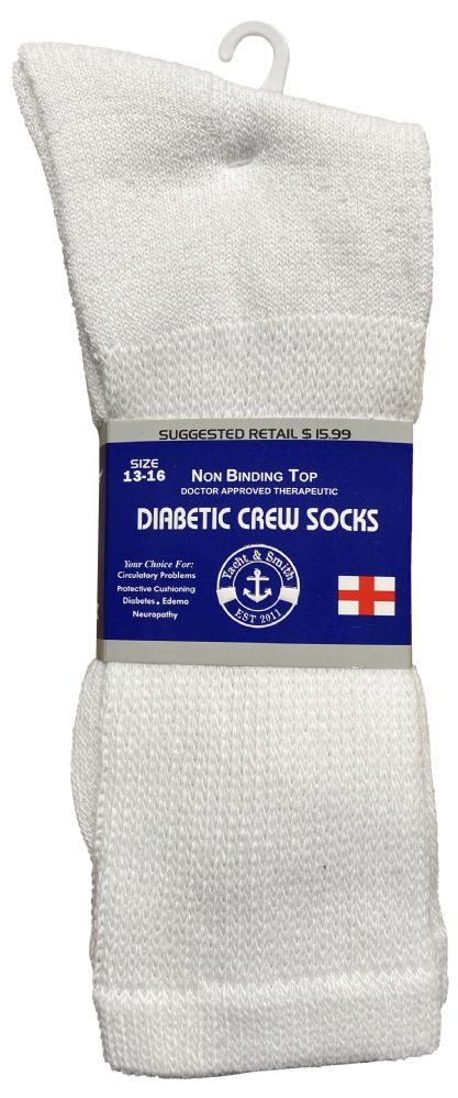 24 Pairs of Yacht & Smith Men's King Size Loose Fit NoN-Binding Cotton Diabetic Crew Socks White Size 13-16