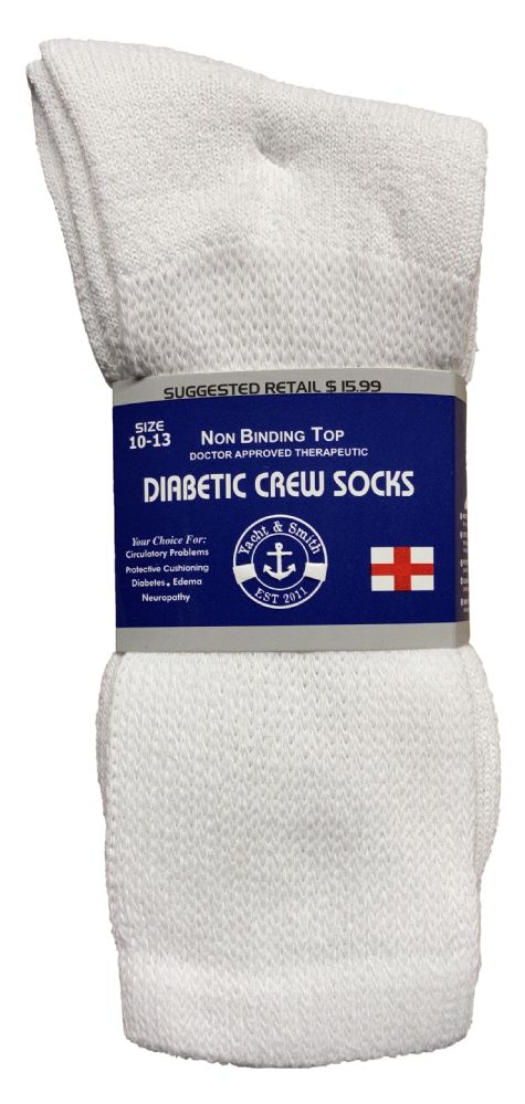 24 Wholesale Yacht & Smith Men's Loose Fit NoN-Binding Soft Cotton Diabetic Crew Socks Size 10-13 White Bulk Pack