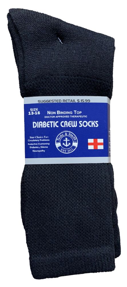 24 Pairs of Yacht & Smith Men's King Size Loose Fit NoN-Binding Cotton Diabetic Crew Socks Black Size 13-16