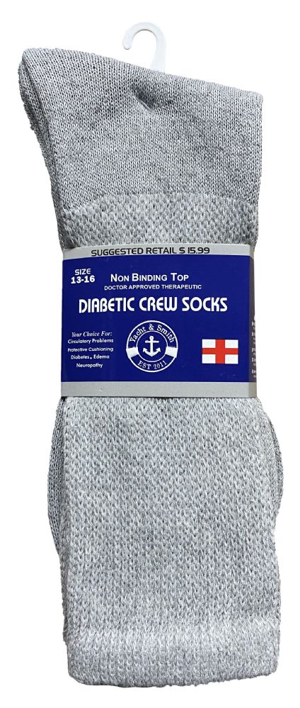 24 Pairs of Yacht & Smith Men's King Size Loose Fit NoN-Binding Cotton Diabetic Crew Socks Gray Size 13-16