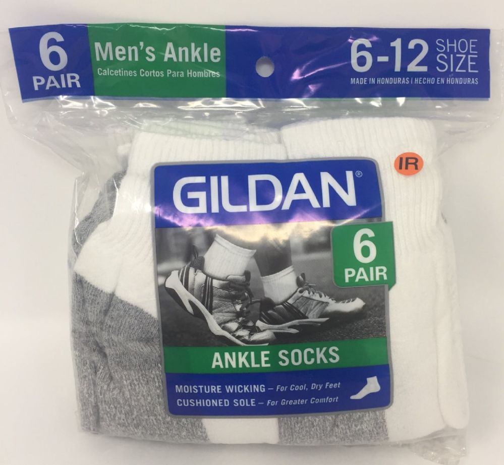 6 Pairs Men's Gildan Ankle Socks