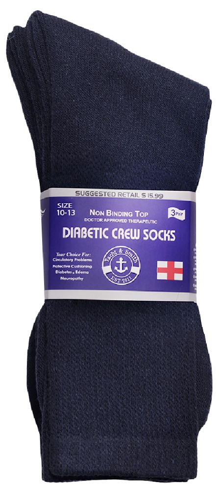 3 Pairs of Yacht & Smith Men's Loose Fit NoN-Binding Soft Cotton Diabetic Crew Socks Size 10-13 Navy