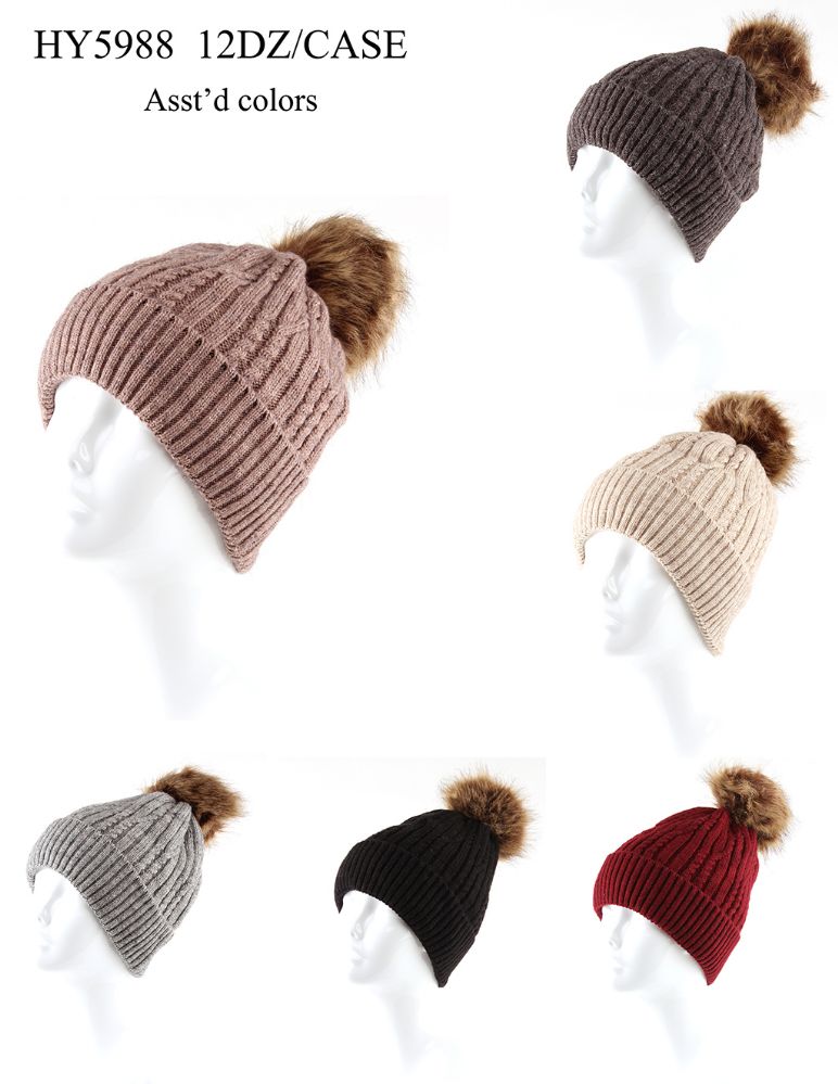 36 Wholesale Ladies Ribbed Pompom Hat Assorted Colors