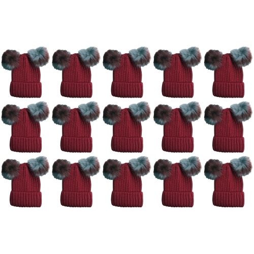 15 Pieces Yacht & Smith Womens 3 Inch Double Pom Pom Ribbed Beanie Hat, Wine Value Pack - Fashion Winter Hats