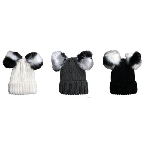 3 Pairs Yacht & Smith Womens 3 Inch Double Pom Pom Ribbed Beanie Hat, Assorted Colors Value Pack - Winter Beanie Hats