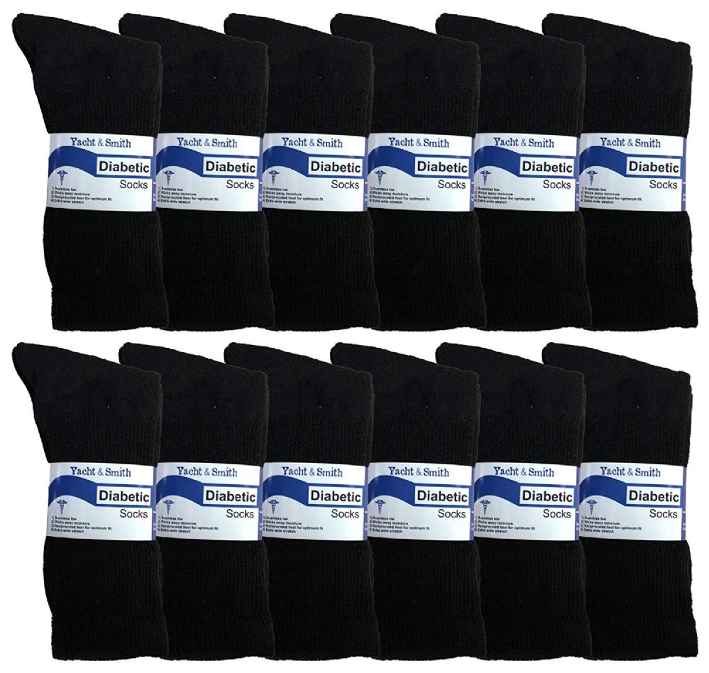 12 Pairs of Yacht & Smith Men's Loose Fit NoN-Binding Cotton Diabetic Crew Socks Black King Size 13-16