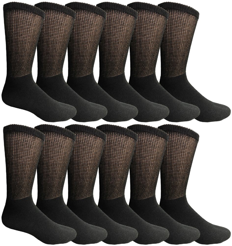 12 Pairs of Yacht & Smith Men's Loose Fit NoN-Binding Soft Cotton Diabetic Black Crew Socks Size 13-16