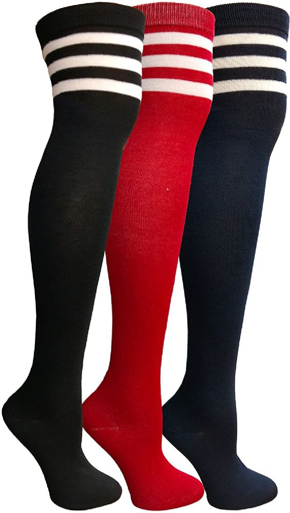 3 Pairs of Yacht & Smith Womens Over The Knee Socks, Referee Style Thigh High Knee Socks , Striped Red, Navy, Black