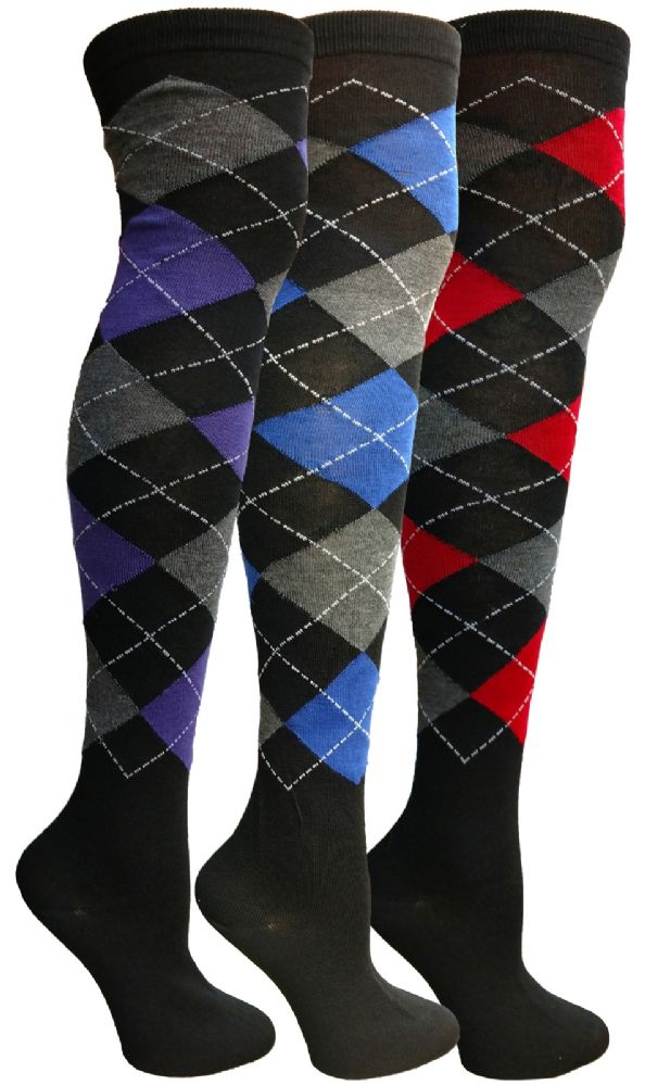 3 Pairs of Yacht & Smith Womens Over The Knee Socks Thigh High Knee Socks Argyle Print