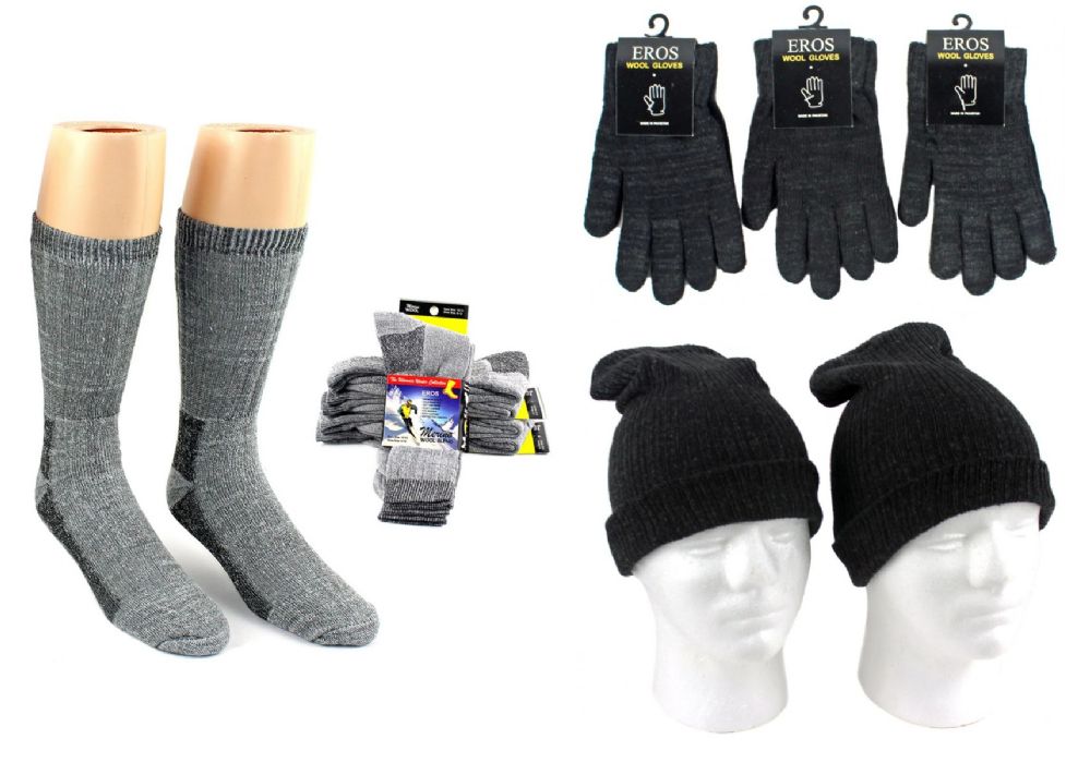 180 Pieces of Adult Merino Wool Combo - Hats, Gloves, And Socks