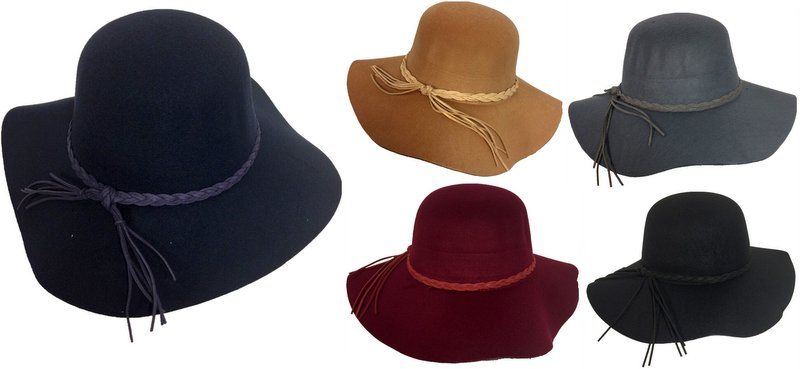 36 Wholesale Women Lady Wide Brim Hat With Braided Hat Band Assorted