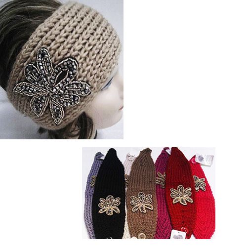 24 Pieces of Assorted Color Knit Bow Headband With Beaded Floral Design