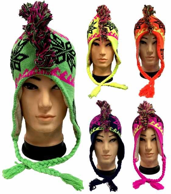 36 Wholesale Neon Knit Mohawk Winter Hats With Ear Flaps