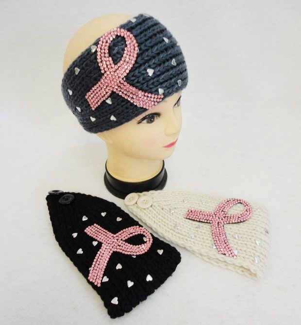 12 Wholesale Knitted Headbands Breast Cancer Pink Rhinestone Ribbon