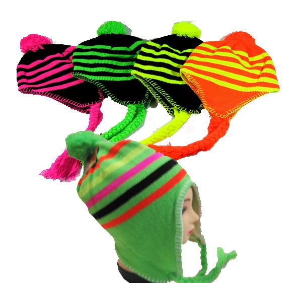 36 Wholesale Neon Stripe Winter Hat In Assorted Colors