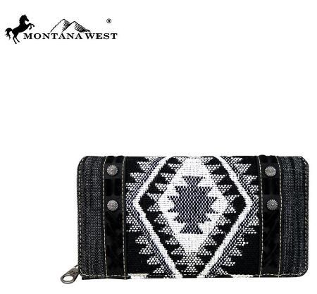 4 Wholesale Montana West Aztec Denim Collection Secretary Style Wallet Black