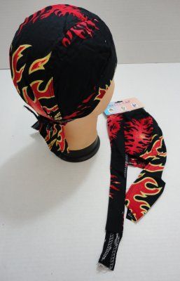 72 Wholesale Skull Caps Motorcycle Hats Fabric Red Flame Print