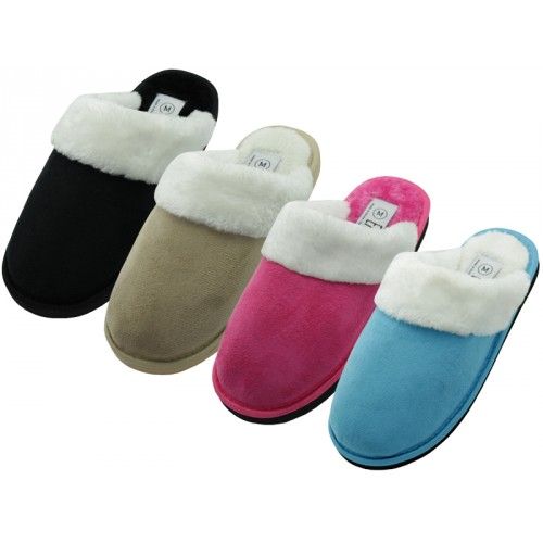 48 Wholesale Women's Velour Plush Scuff Upper With Faux Fur Cuff House Slippers