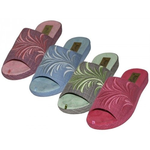48 Wholesale Women's Satin Open Toes Floral Embroidery Upper House Slippers