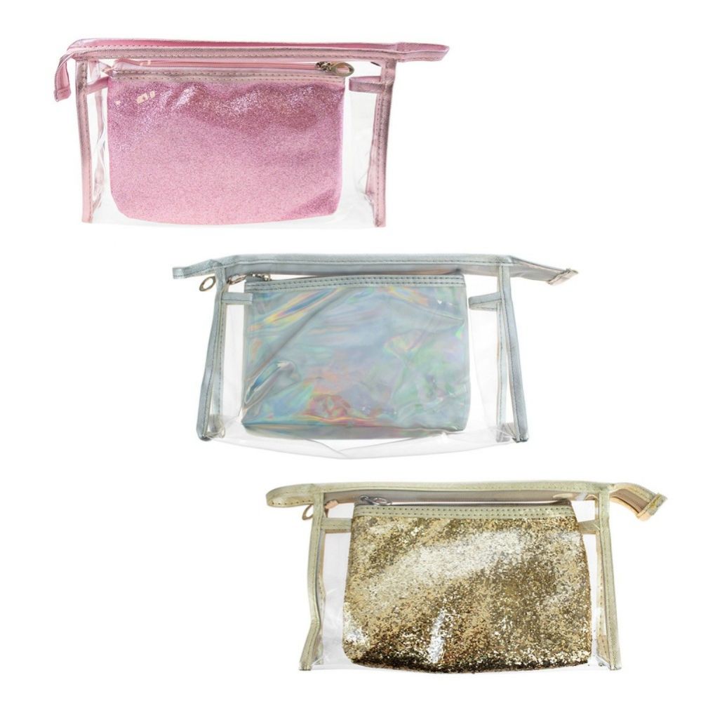 24 Wholesale Wholesale 2 Piece Cosmetic Bag Set In 3 Assorted Colors