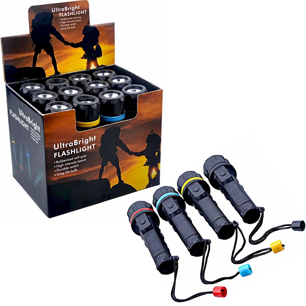 3 Pieces of LED Flashlights - 3 Bright Bulbs Each - Easy On/Off Switch - Water-Resistant Rubberized Case -Wrist Strap - Box of 12 - Ready for Countertop Display